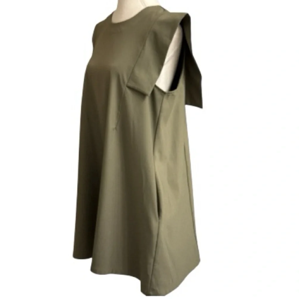 Glam Olive Green Shift Dress L Coastal Minimalist Sleeveless Pocket Tunic Summer